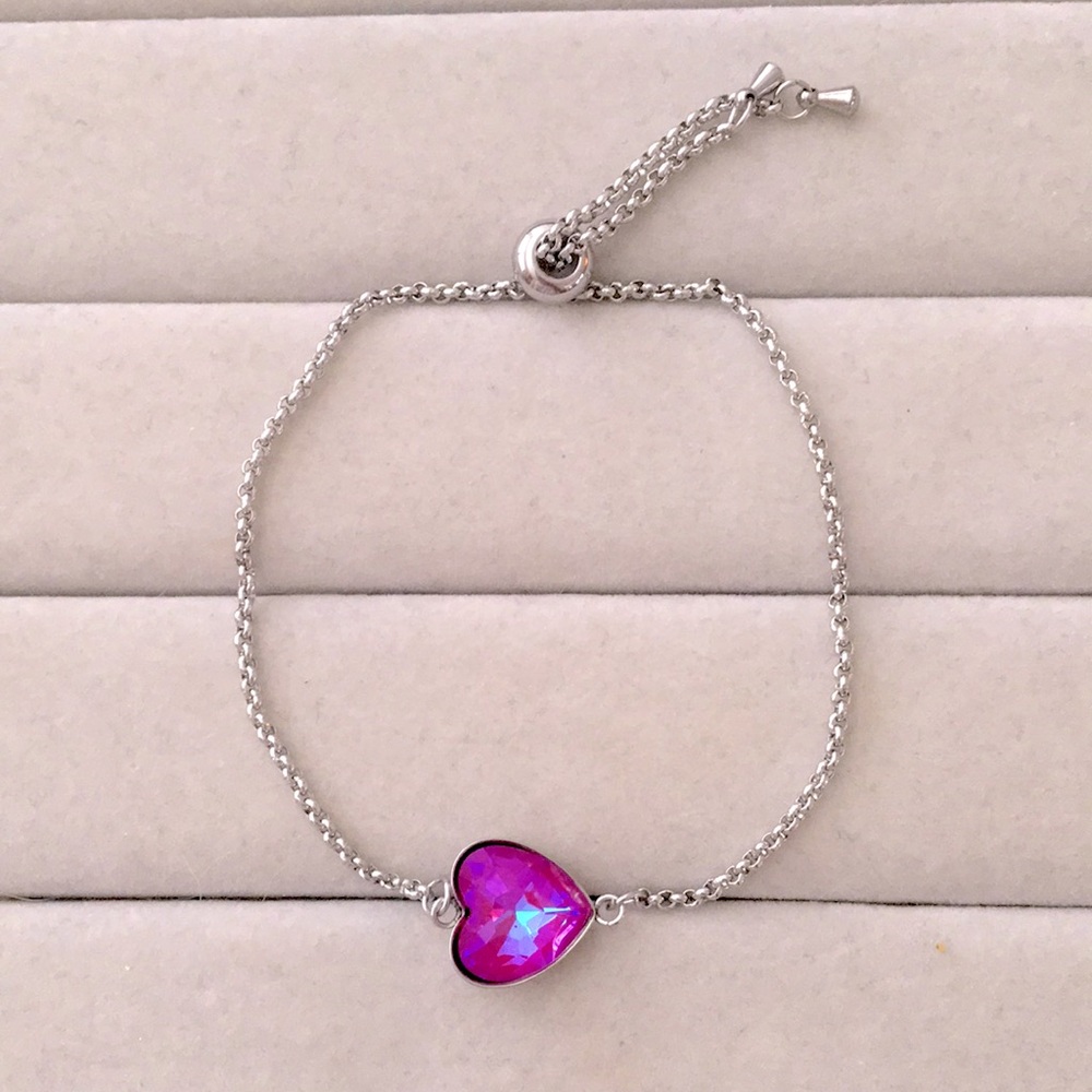 Fuchsia Aurora Borealis + Stainless Steel Adjustable Crystal Heart Boho Bracelet - Picture 7 of 7